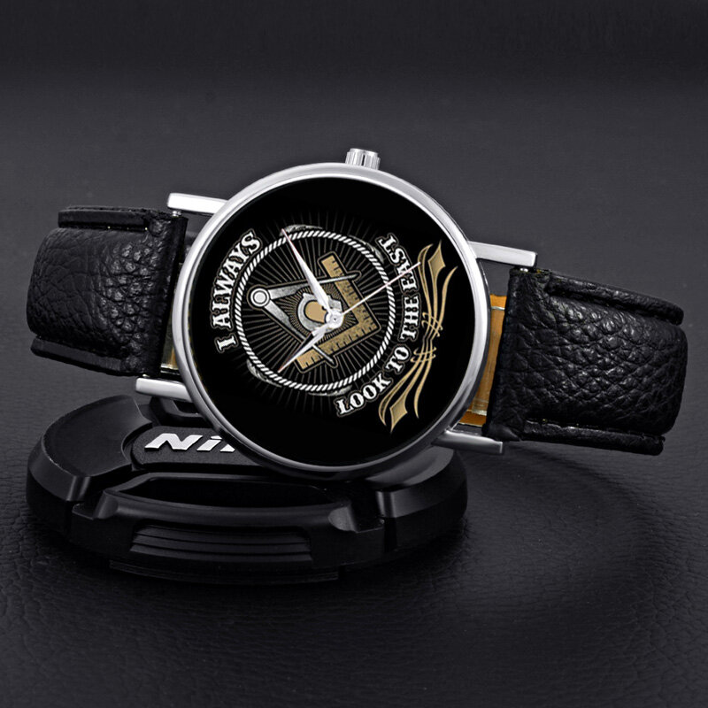 Classic Fashion Masonic Logo Quartz Wristwatch Retro Men Women I Always Look to East Bracelet Black Leather Casual Watch