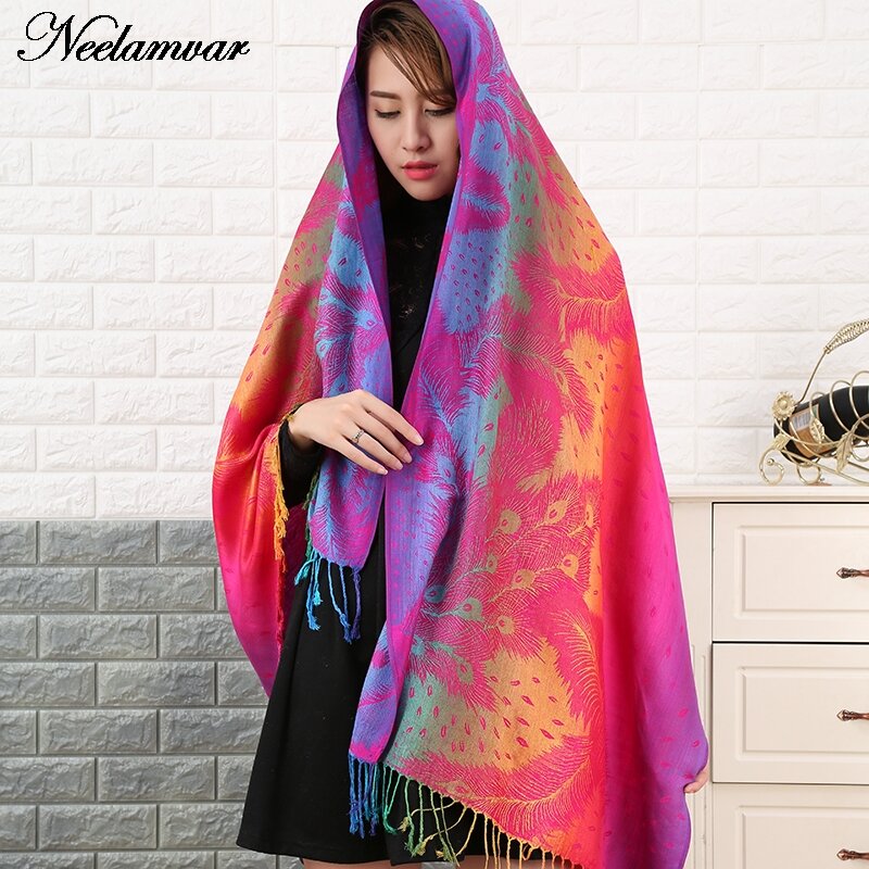 Neelamvar đầy màu sắc Đôi Jacquard Hai Mặt Khăn bông phụ nữ quốc gia phong cách khăn choàng mùa đông Echarpe khăn choàng pashmina