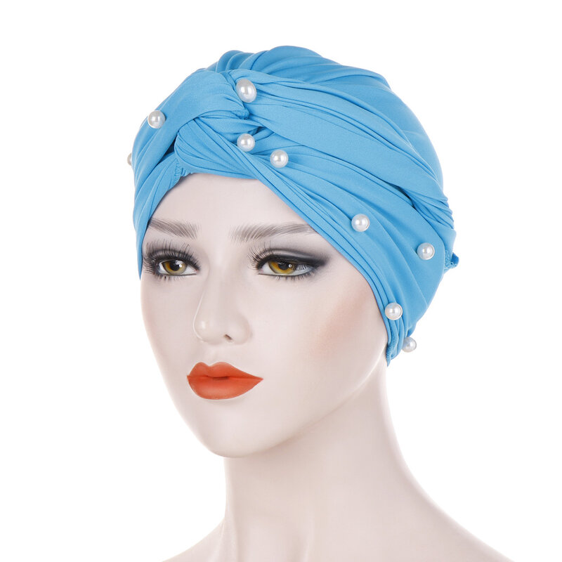 Women Hair Jewelry Head Scarf Muslim Hijab Beads Braid Wrap Stretch Turban Hat Chemo Cap Head Wrap Knot Lady Head Scarf Hijab