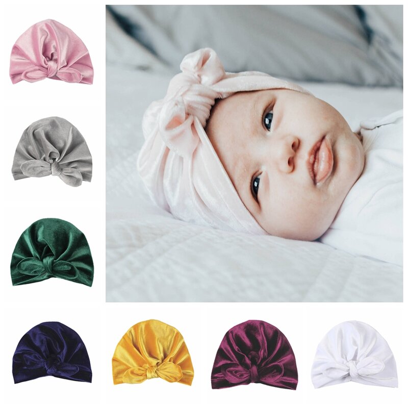 ใหม่กำมะหยี่สีทองเด็กหมวกเด็กหูKnotทารกแรกเกิดBeanie Top KnotหมวกHeadwearของขวัญวันเกิดPhoto Props