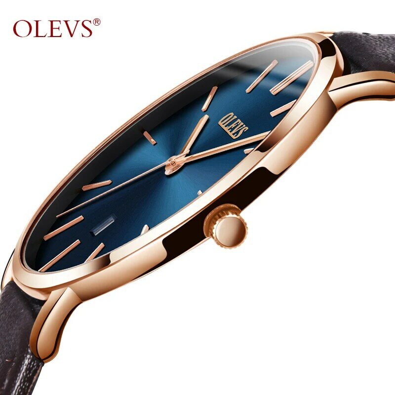 OLEVS-Reloj de pulsera de cuero ultradelgado para hombre y mujer, cronógrafo de cuarzo, informal, Popular, a la moda, regalo para enamorados, para niños y niñas