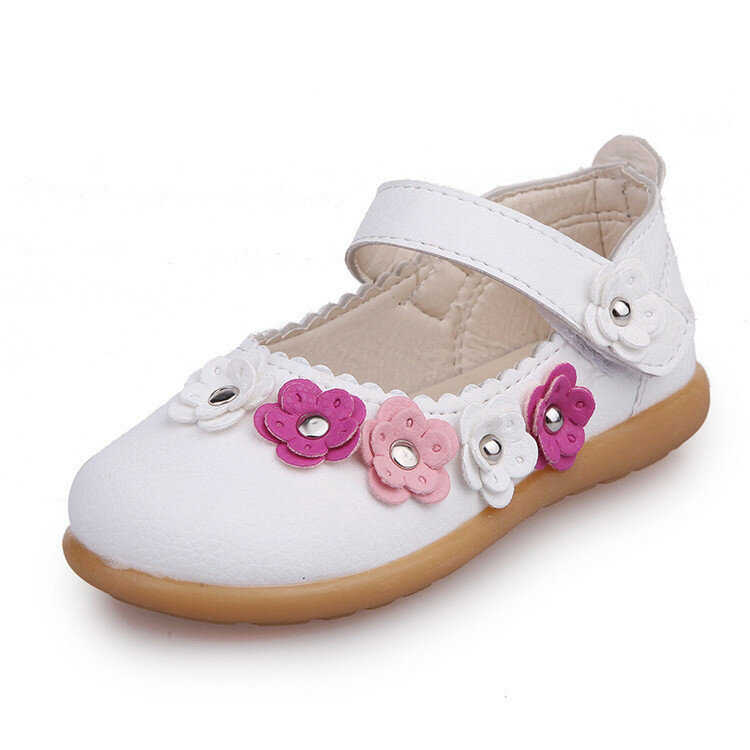 春と秋の花pu防水腱ソフトボトムピンクの靴白の女の子の靴革パーティー王女