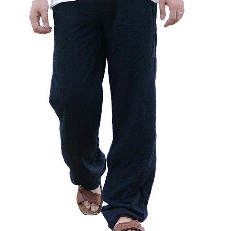 Oeak calças de linho dos homens 2019 novo verão casual cintura elástica solto masculino cor sólida reta calças beachwear corredores moletom
