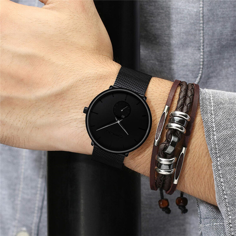 Relógio de pulso crrju, homens clássico relógio de luxo pulseira malha preta relógio de pulso fashion design ultra-fino relógio do esporte masculino masculino