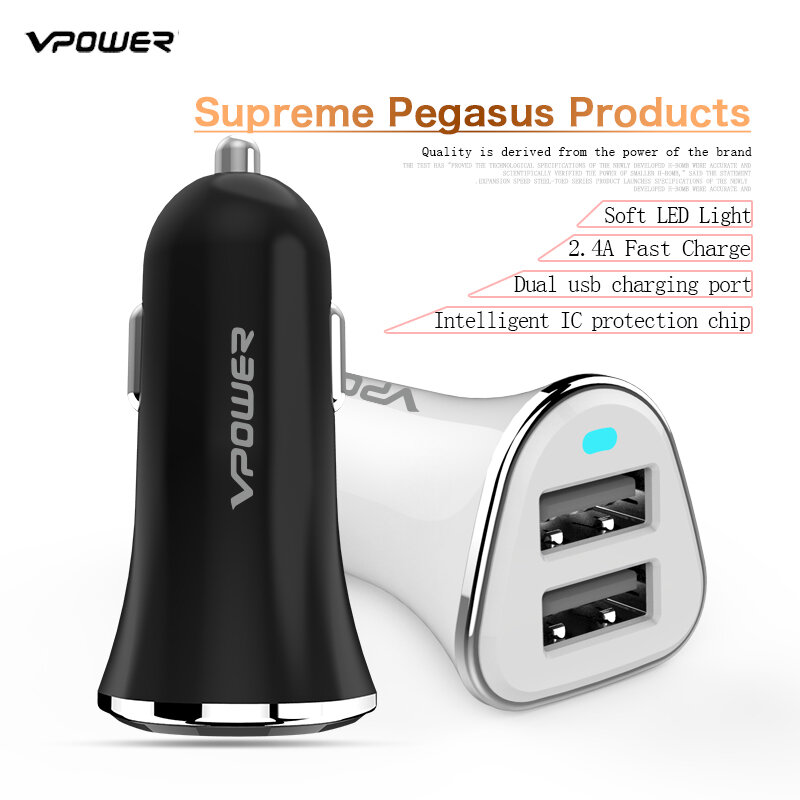 USB Car Charger Vpower Dual USB Charger Output 2.4A Fast Charging Cell Phone Car-Chargers Travel Adapter Cigar Lighter DC 12-24V