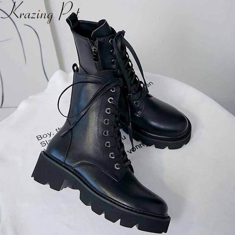 Krazing Pot – bottes de moto superstar en cuir véritable, chaussures à talon moyen épais, plate-forme, bout rond, rivets en métal, lacets à la cheville, l36