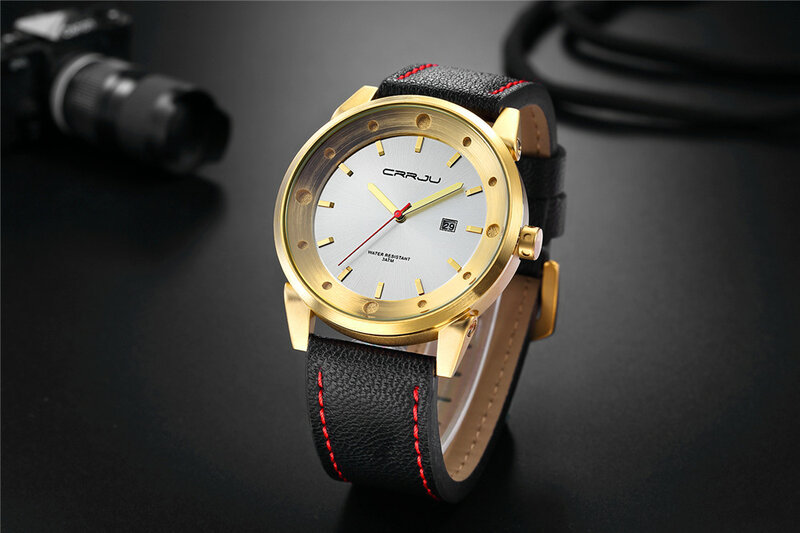 Crrju homens relógio de luxo marca pulseira couro relógio de pulso moda esporte à prova dmilitary água militar relógio relogio masculino