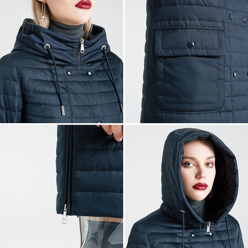 Miegofce 2021 nova coleção feminina primavera casaco elegante com cachecol e bolsos de remendo proteção dupla contra vento parka