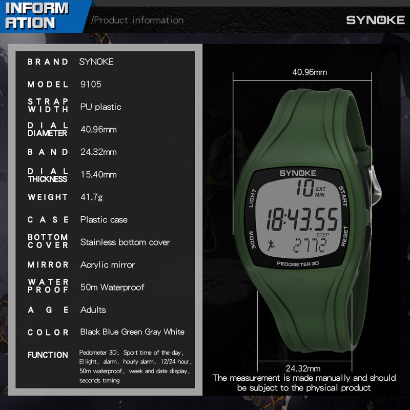 Synoke digital relógios mens top marca de luxo 3d pedômetro preto militar esporte relógio homens relógio de pulso à prova d' água 9105 reloj hombre