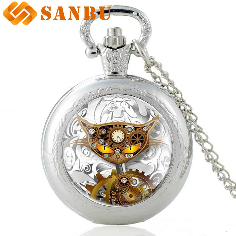 Relógio de bolso vintage prateado de quartzo, relógio de bolso com colar de gato retrô e preto, joias da moda