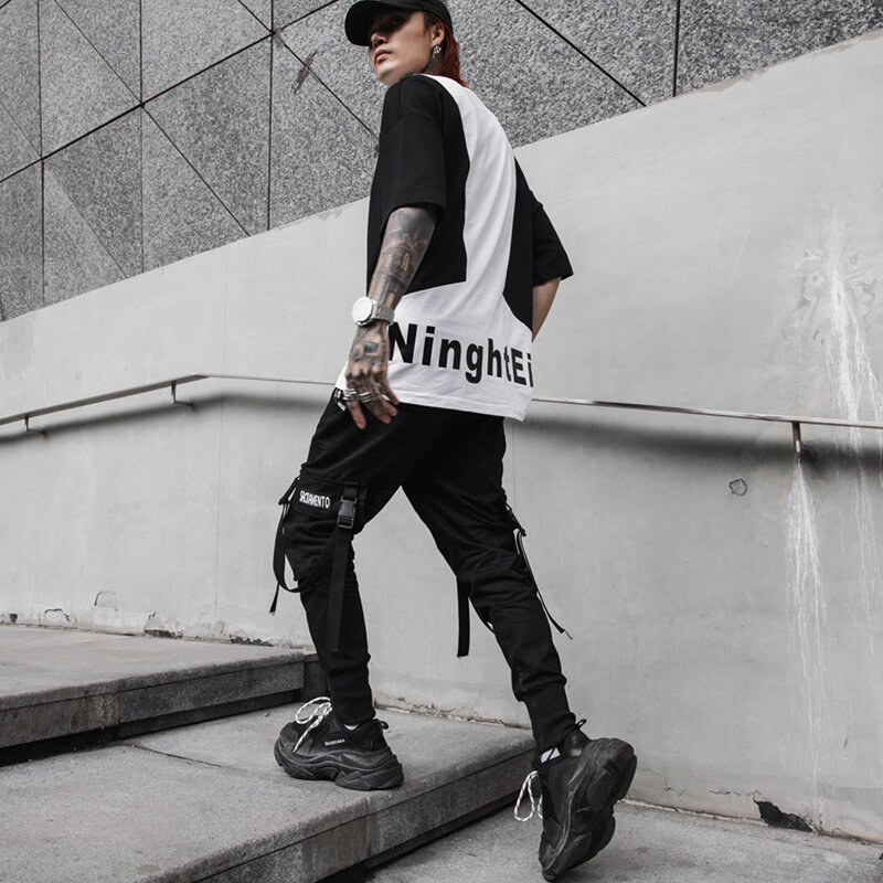 Streetwear 블랙 하렘 바지 남성 2022 가을 운동복 리본 캐주얼 조깅 바지 남성 힙합 바지 멀티 포켓