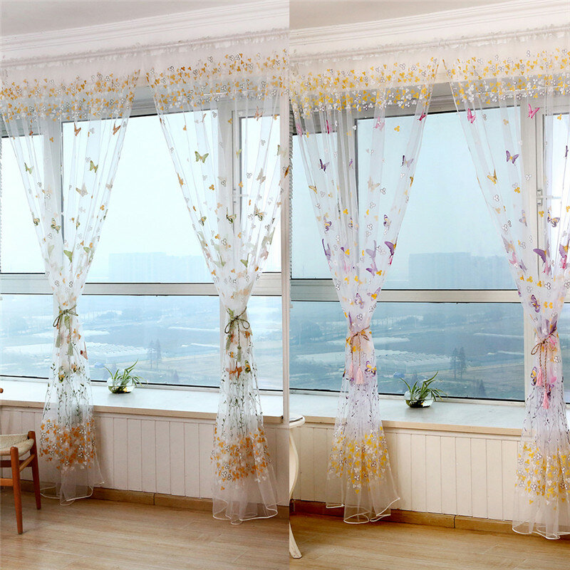 Cortinas de tul con estampado de ramas de mariposa para sala de estar, cortina de gasa para ventana interior, decoración de balcón, 2022, 1 unidad