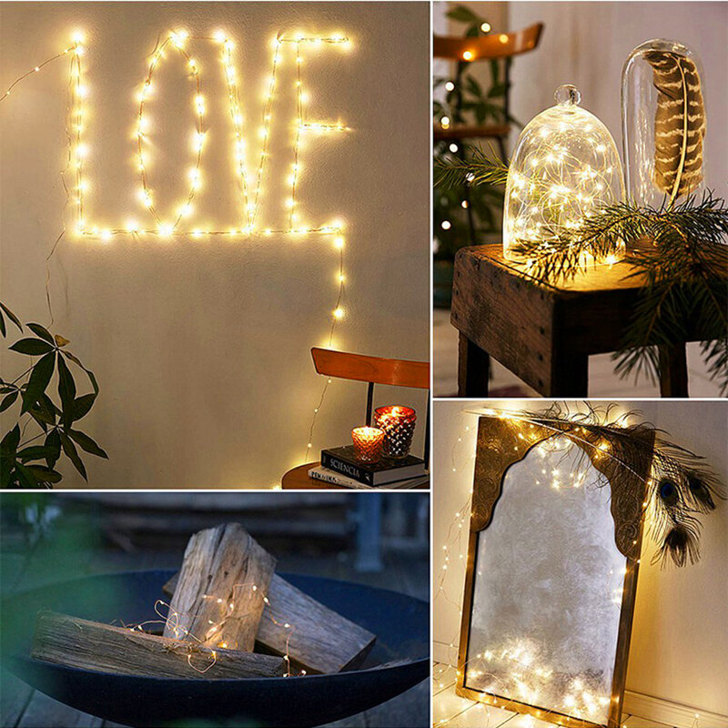 Guirnalda de luces LED de cadena de alambre de color blanco cálido para decoración del hogar, guirnalda impermeable de hadas de Año Nuevo, boda, bricolaje, 2M, 3M, 5M