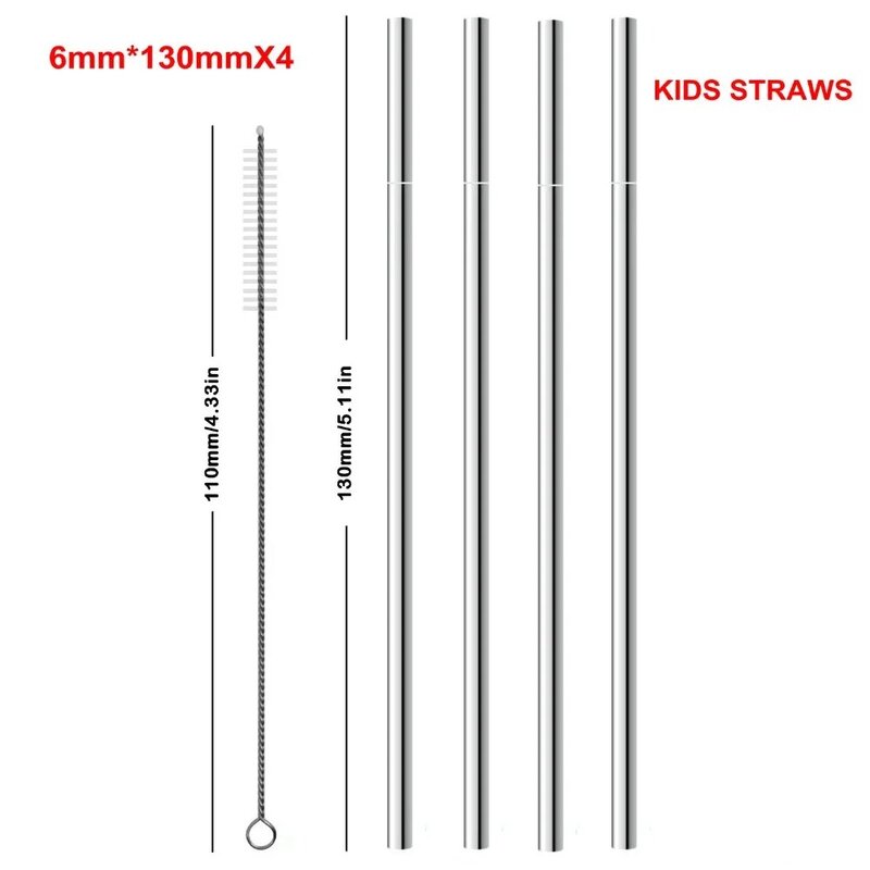Conjunto de canudos reutilizáveis de aço inox 130/304x6mm, pacote com 2, 4 ou 8 peças, canudo de metal reutilizável com escova de 110mm para crianças
