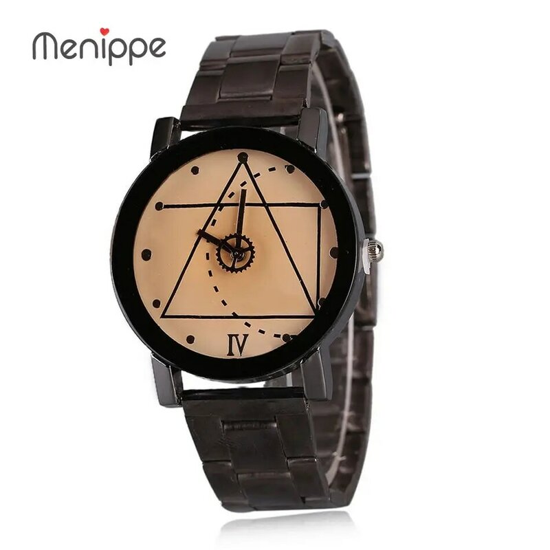Men Fashion Black Stainless Steel Strap Classic Gear Geometry Dial Design Quartz Wrist Watch Men Gift