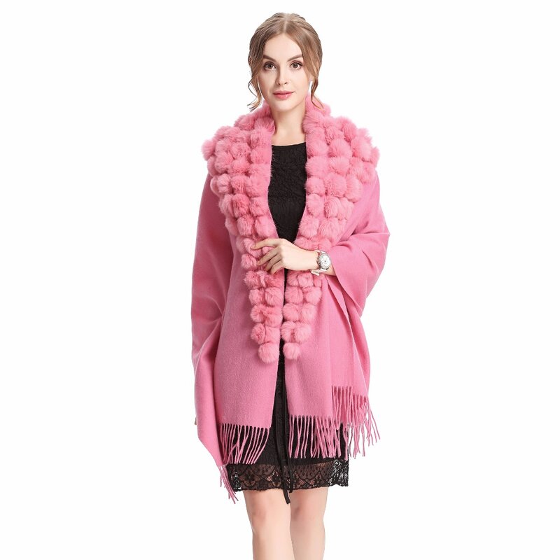 ZY87001 Fashion Womens Autumn Winter Wool With Rabbit Fur Pompon Warm Tassel Shawl Scarf Wrap 25 Colors Shipping Free