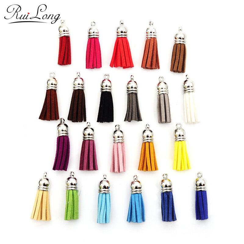 10pcs/lot many colors mixed Suede Tassel For Keychain Leather Tassels silver Caps Straps DIY jewelry making Charms pendants 38mm