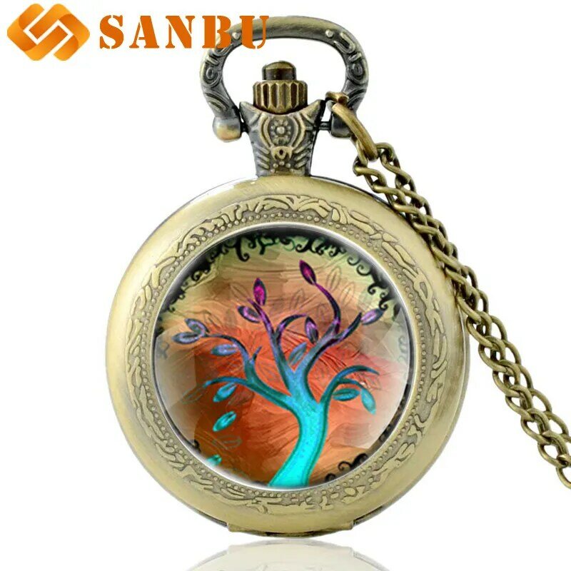 Silver Tree of Life Necklace Quartz Pocket Watch Vintage Men Women Glass Pendant Retro Clock