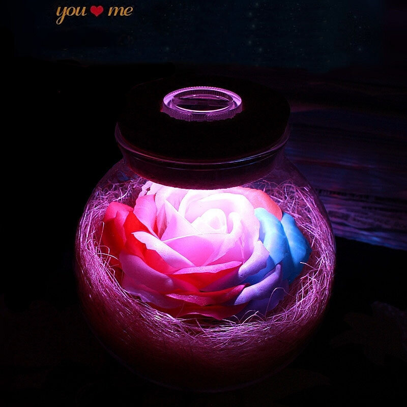 Led romântico rosa flor luz da noite garrafa de sorte rgb dimmer lâmpada com 16 cores remoto presente do feriado para o amante da menina quarto decoração