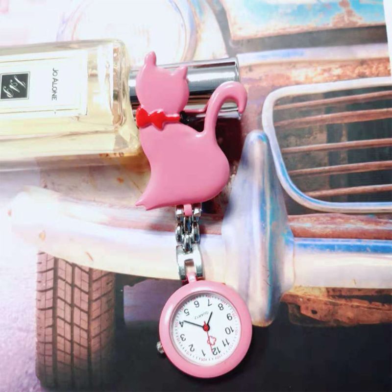 New Quartz Watch Cat Cartoon Fashion Pocket Watches Hang Clip Doctor Women Lady Jewelry Charm Silver Pendant Cute Chest Hanging