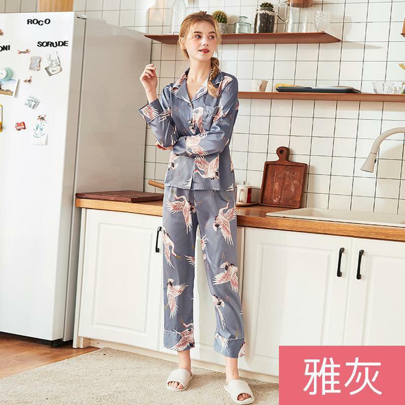 Conjuntos de roupa de dormir longa feminina, pijama de seda sensual para casa, feminino, manga longa
