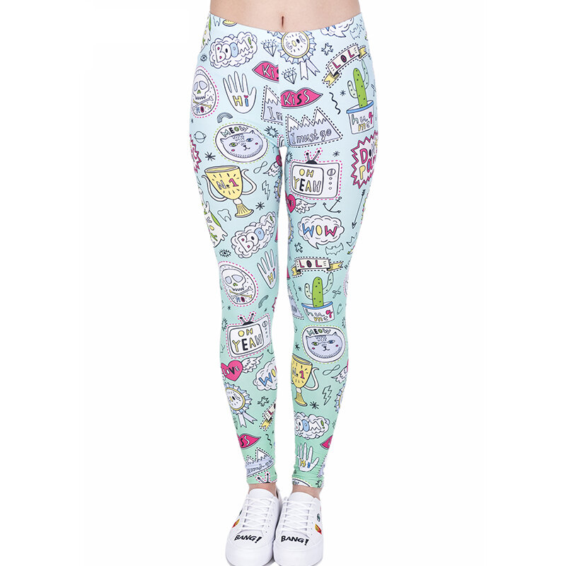 2019 doodle impressão verde mulheres leggings de fitness respirável transpiração secagem rápida leggins alta elasticidade calças