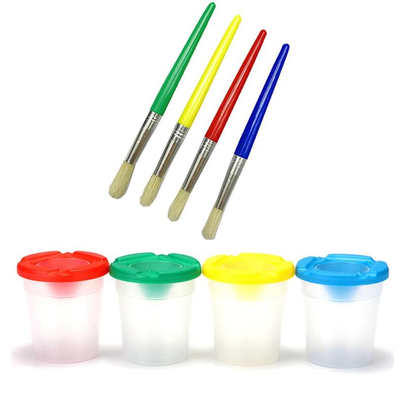 Botes de pintura a prueba de derrames, 4 colores, con tapas y 4 piezas, juego de pinceles para niños, surtido