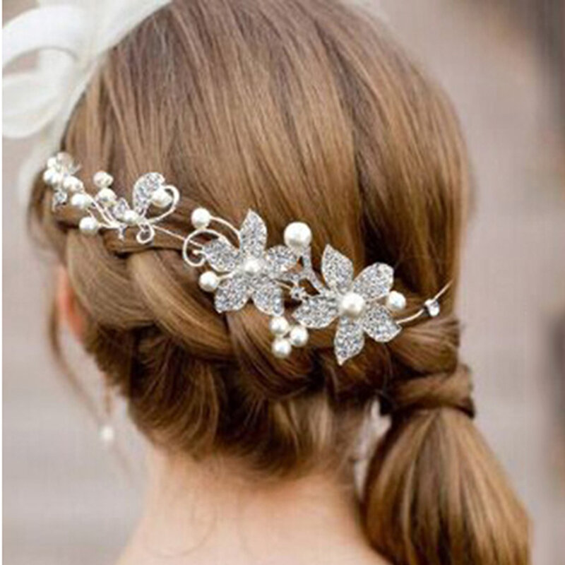 1pcs Elegant Hair Pearl Crystal Leaf Bridal Tiaras Wedding Hair Accessories Female Prom Headdress Headbands Headwear Gift