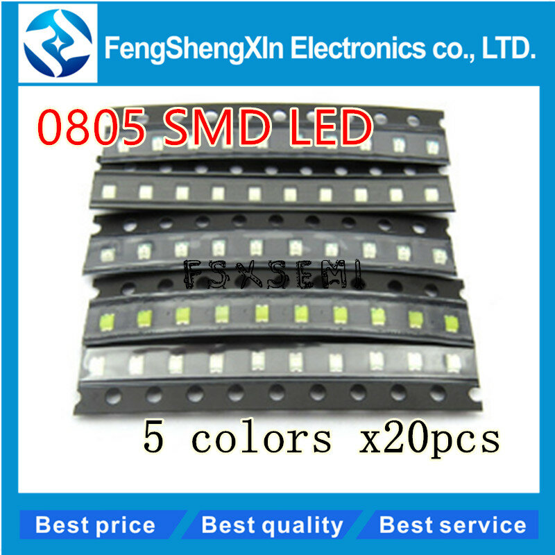 100 pçs/lote New 0805 SMD LED Vermelho/Verde/Azul/Amarelo/Branco cores de 5 valores cada 20 pcs