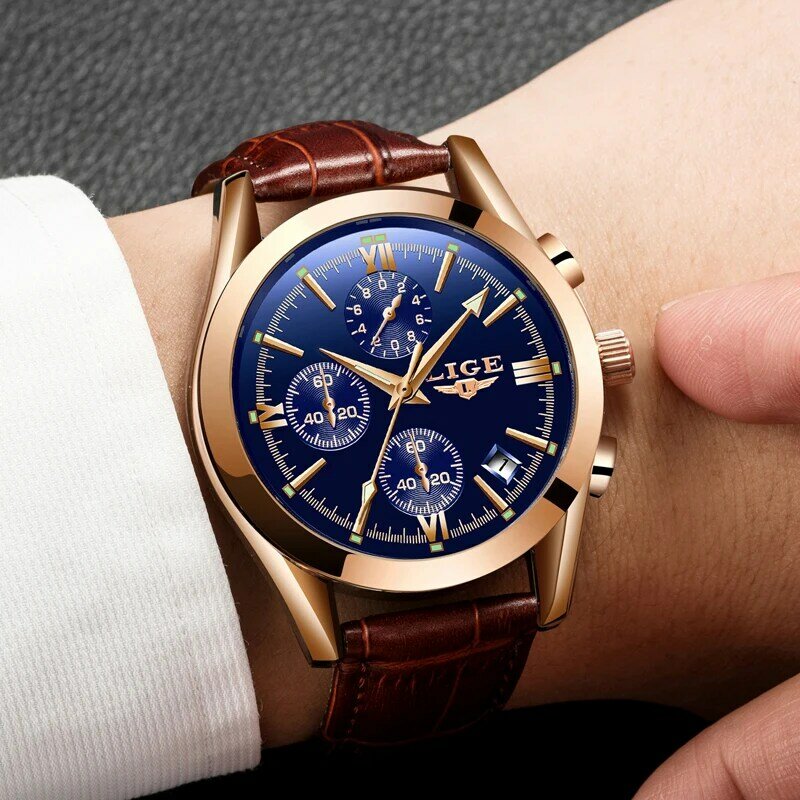 LIGE 2021 orologi in pelle da uomo cronografo sportivo Casual orologio da uomo al quarzo di lusso di marca superiore orologio da polso impermeabile Relogio Masculino