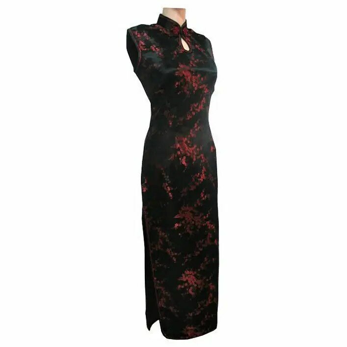 أسود-أحمر فستان صيني تقليدي للنساء من الساتان طويل رسن شيونغسام كيباو موجير Vestido Flower مقاس S M L XL XXL XXXL J3035