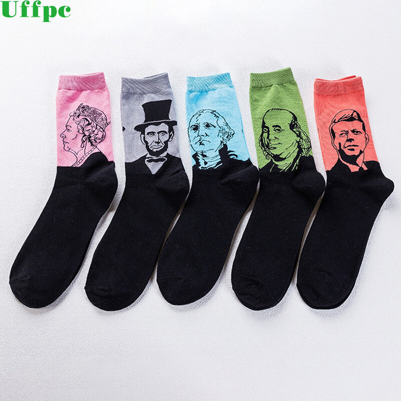 5Pairs/lot Fashion Casual Art Socks Men Cotton Crew Lincoin 3D Print Design Skate Brand funny socks America president happy sock