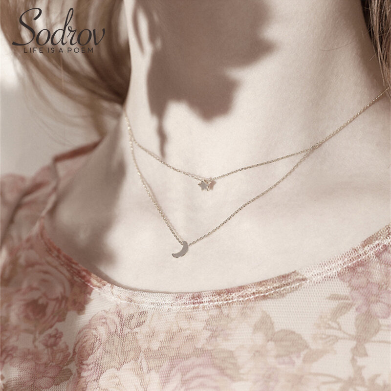 Sodrov de plata collar de estrella y Luna colgante de collar de plata 925 joyería fina 925 Collar de plata para las mujeres Luna Collar de plata
