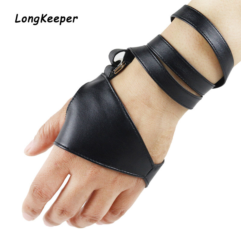 LongKeeper Women Fingerless Gloves PU Leather Dancing Gloves Non-Slip Palm Belt Up Half Finger Punk Show Fashion Guante Luvas