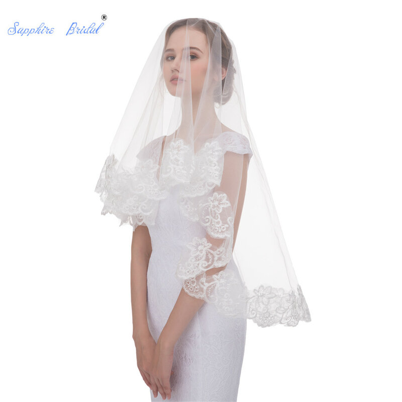 Sapphire Bridal Veil Pernikahan Aksesoris Putih Gading Satu Lapisan Pendek Kerudung Bridal Lace Ujung Bridal Ada sisir Wedding Veil