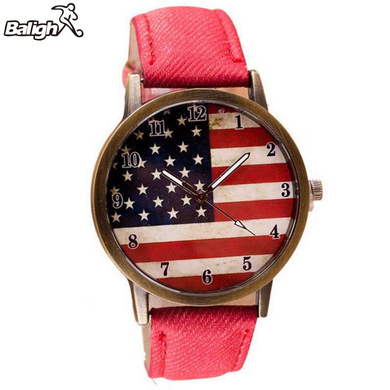 แฟชั่นนาฬิกาคู่หญิงอเมริกันธงรูปแบบเข็มขัดหนังควอตซ์นาฬิกาUnisex