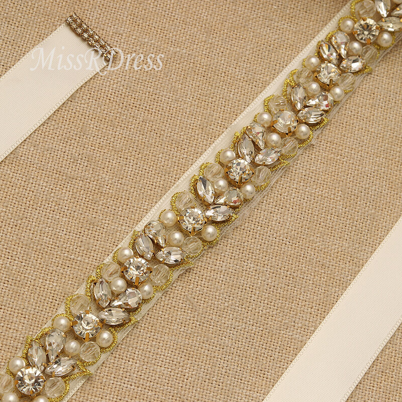 MissRDress cintura da sposa in cristallo dorato perle fatte a mano fascia da sposa strass nastri cintura da sposa per accessori da sposa JK927