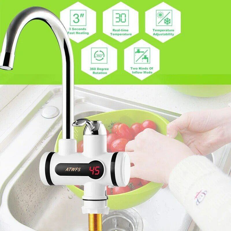 ATWFS Electric Hot Faucet Water Heater Electric Tankless Water Heating Kitchen Faucet Digital Display Instant Water Tap 3000 W