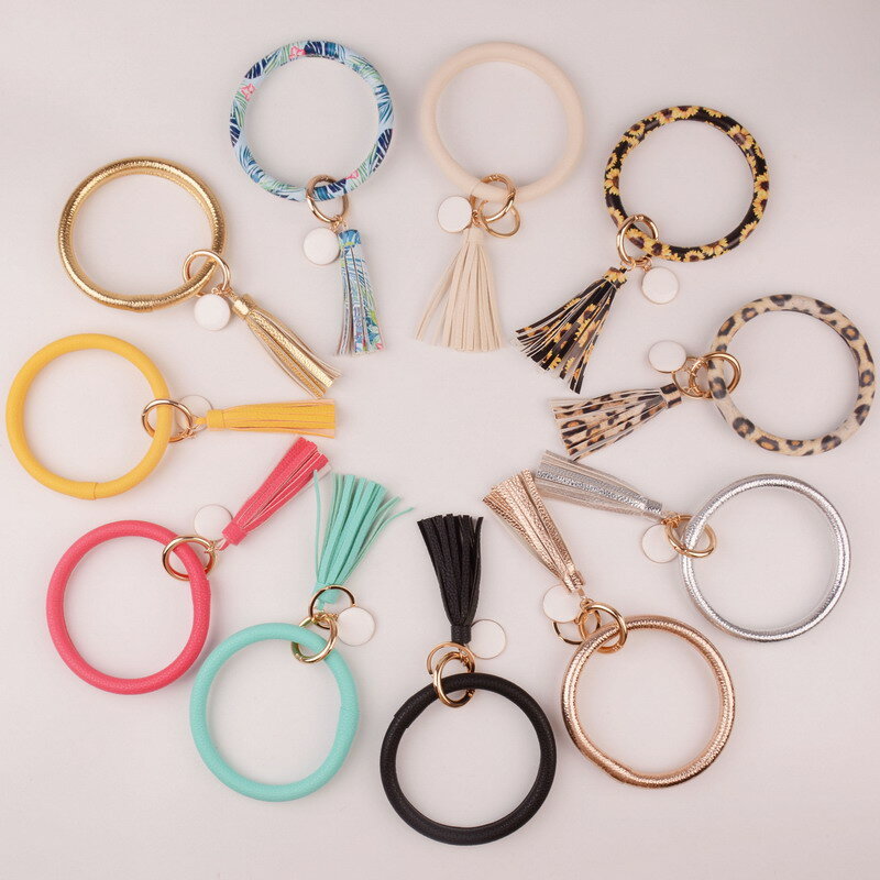 New Fashion Multicolor Tassel Wristlet Keychain Enamel PU Leather O Key Chain Custom Monogram Circle Keychain  For Women Girls