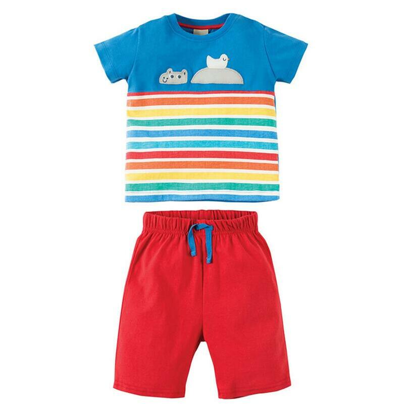 Pouco maven marca crianças meninos 2019 do bebê verão das crianças conjuntos de roupas de algodão listrado animal foguete imprimir camiseta + calções