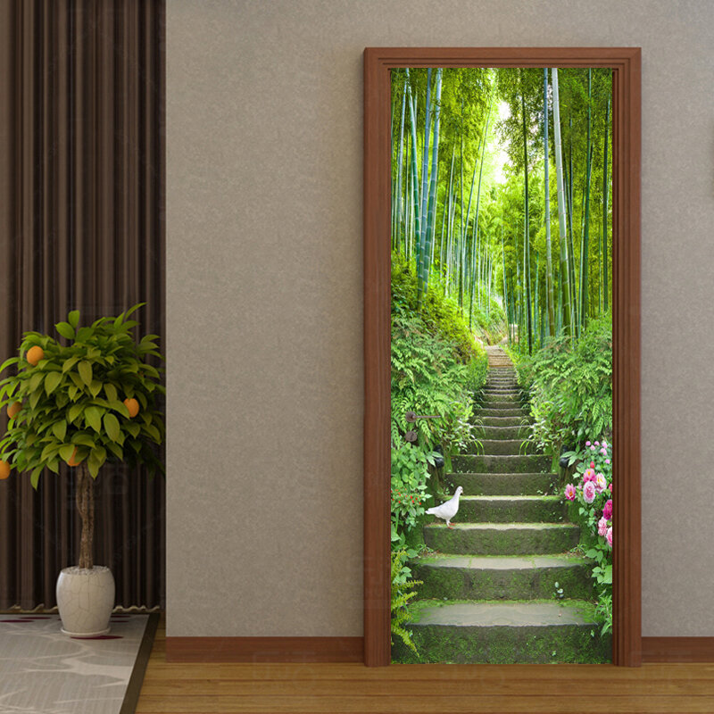 3D Wallpaper Green Bamboo Ladder Photo Wall Door Mural Living Room Bedroom Restaurant PVC Self Adhesive Waterproof Wall Covering