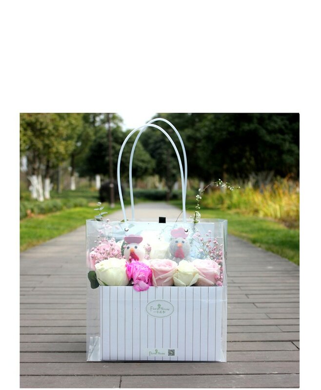 Sacs cadeaux portables carrés avec poignée, sacs en plastique transparents contenant des fleurs, sacs d'emballage alimentaire, sacs de shopping 2018