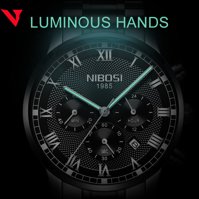 NIBOSI-남성 스포츠 방수 럭셔리 브랜드 시계, 2019 패션 풀 스틸 아날로그 쿼츠 손목 시계