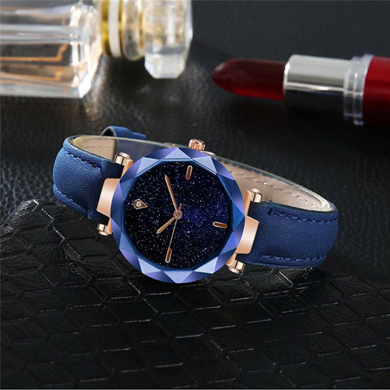 Explosion New Simple And Stylish Women Watch Luxurious Starry Dial Convex Mirror Leather Strap Watch Reloj Mujer Dropshipping *A
