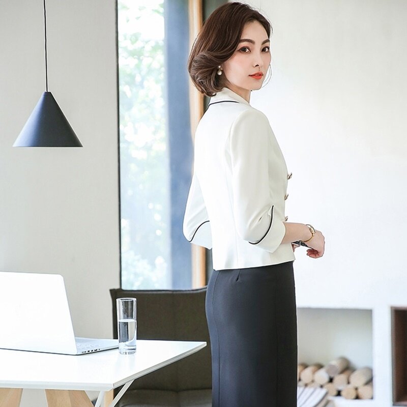 Uniforme de escritório projetos mulher blazers 2019 duplo breasted mini saia negócios terno entrevista ternos vestuário escritório mulher dd2030