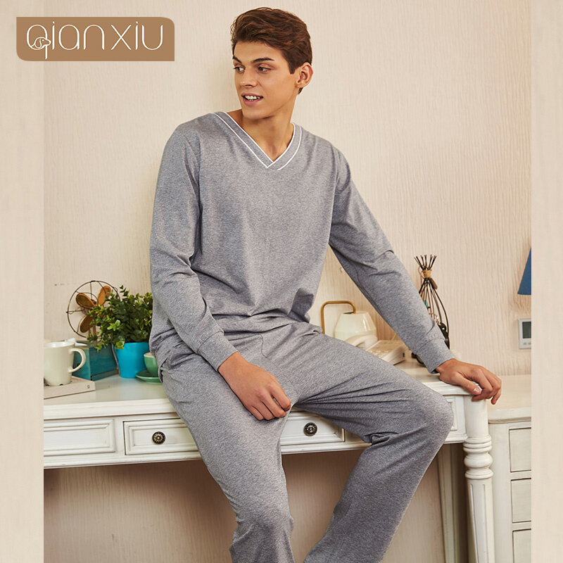 Autumn Sleepwear Pajamas Men Winter Knit Cardigan V-Neck Long-Sleeved Trousers Cotton Nightgown Nightwear Homeclothes