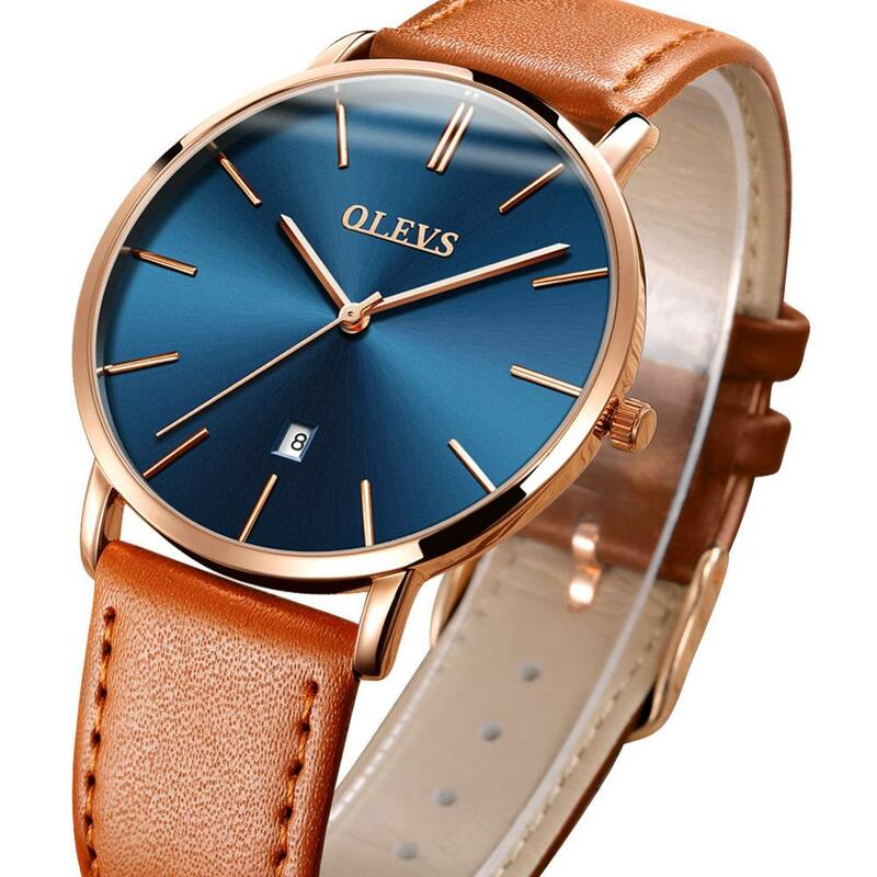 OLEVS – montre-bracelet en cuir véritable pour hommes, marque de luxe, Quartz, minimaliste, ultra mince, étanche, haute qualité