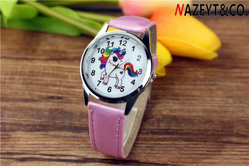 새로운 귀여운 어린이 만화 유니콘 스킨 쿼츠 시계, 학생 선물 벨트 손목 시계