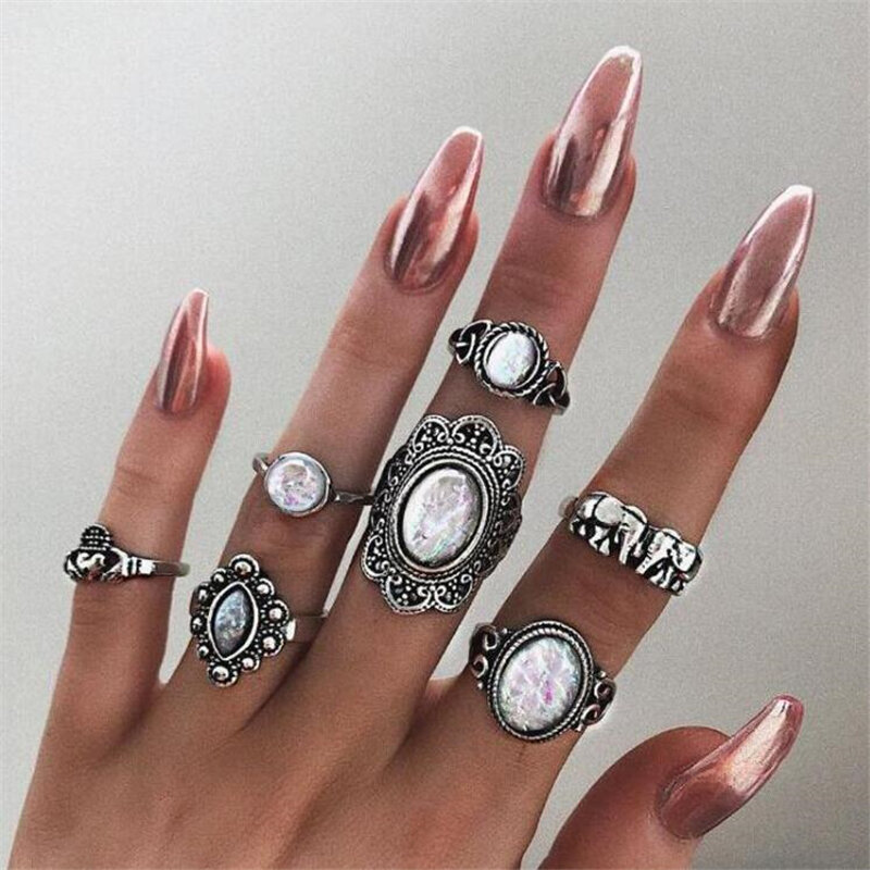 Docona Boho Finger Jewelry Crown Geometric Rhinestone Leaf Women Ring Sets Hollow Stacking Finger Rings Vintage Silver Color
