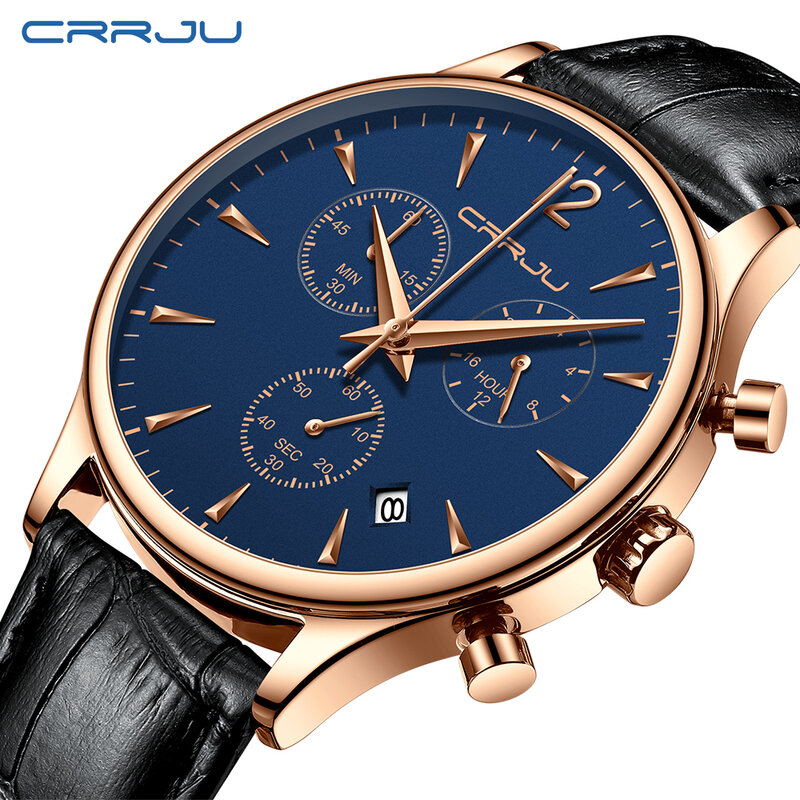 أفضل العلامة التجارية الفاخرة CRRJU جديد الرجال ساعة الموضة العسكرية كرونوغراف جلد طبيعي كوارتز ساعة اليد عادية الرياضة تاريخ ساعة